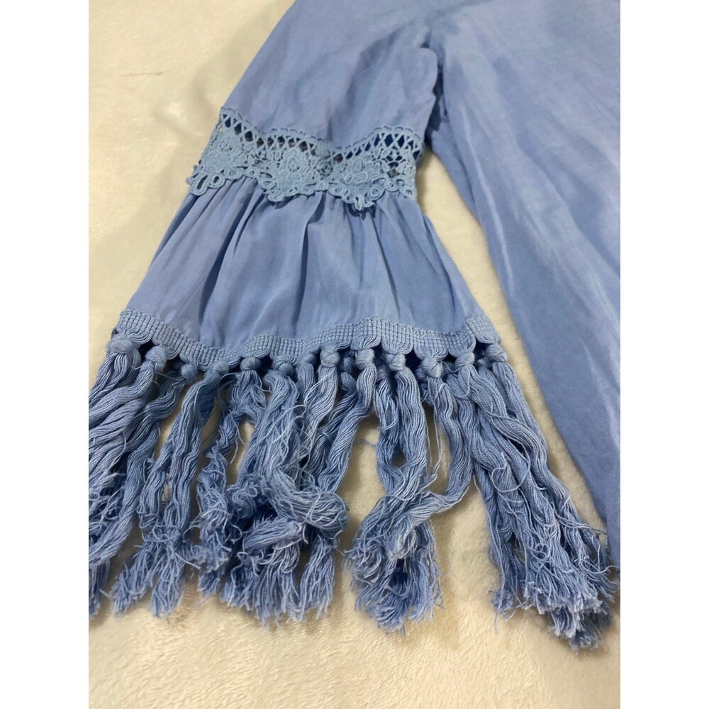 JODIFL Blue Boho Tunic Dress Bell Sleeve Crochet Lace Fringe Tassel Womens S Y2K - Picture 6 of 12